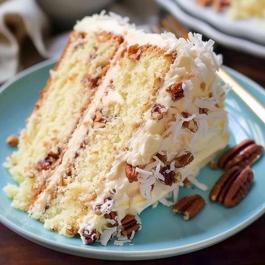 Coconut Cake with Cream Cheese Pecans